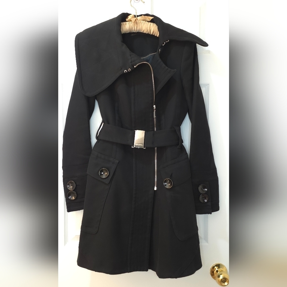 Zara Black Military Style Coat with Silver Buckle Belt Size S Cotton - Picture 2 of 13